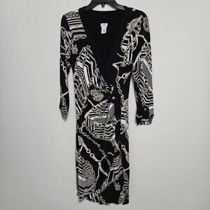 Cache Faux Wrap Dress Size M Chain Pearl Print Black Deep V Stretch 3/4 Sleeve